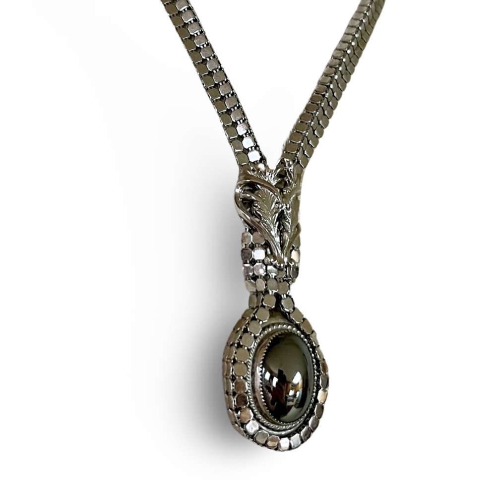 Vintage Whiting & Davis Silver Mesh Chain with Hematite Drop Pendant Stunning